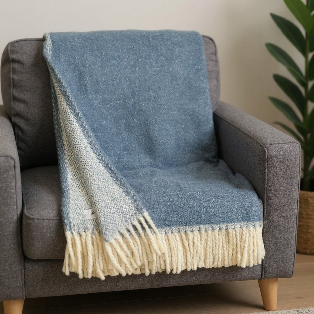 55" X 70" Slate Blue And White Cotton Blend Woven Chevron Plush Throw Blanket with Fringe