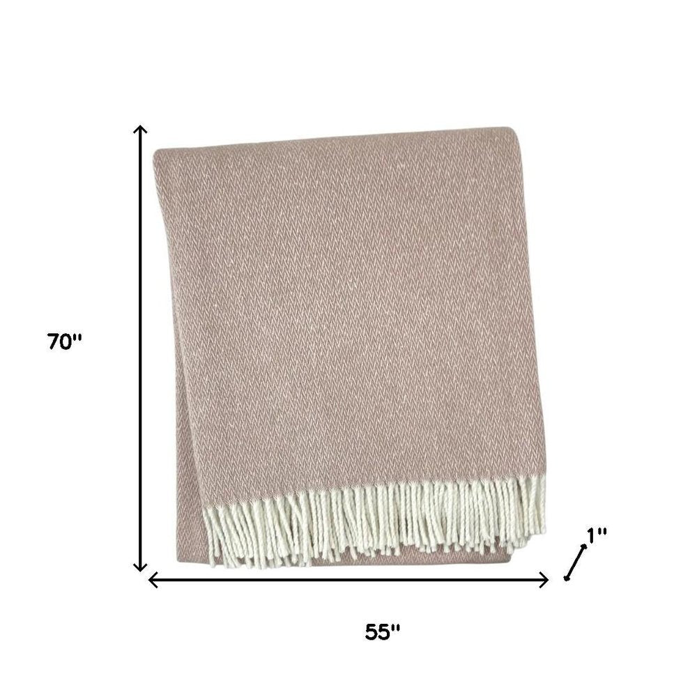 55" X 70" Dusty Rose And White Cotton Blend Woven Herringbone Plush Throw Blanket with Fringe