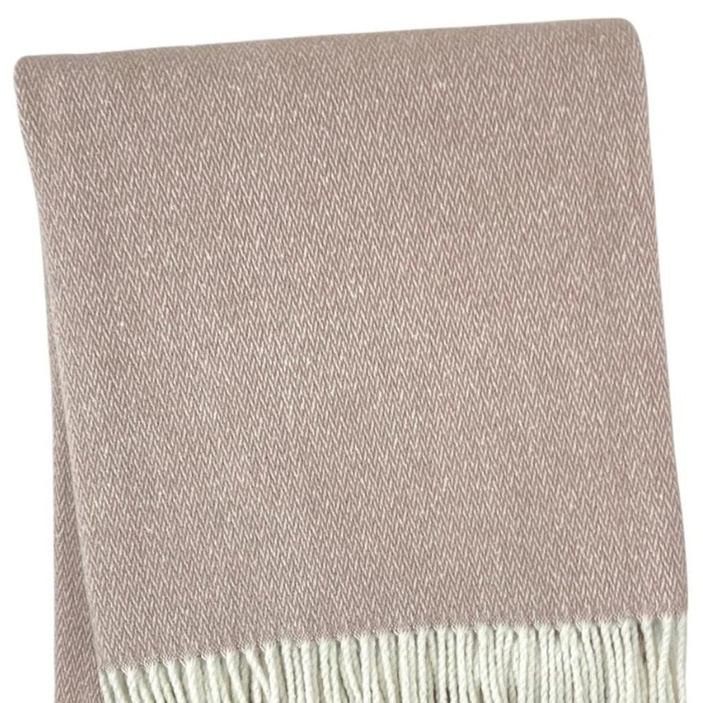 55" X 70" Dusty Rose And White Cotton Blend Woven Herringbone Plush Throw Blanket with Fringe
