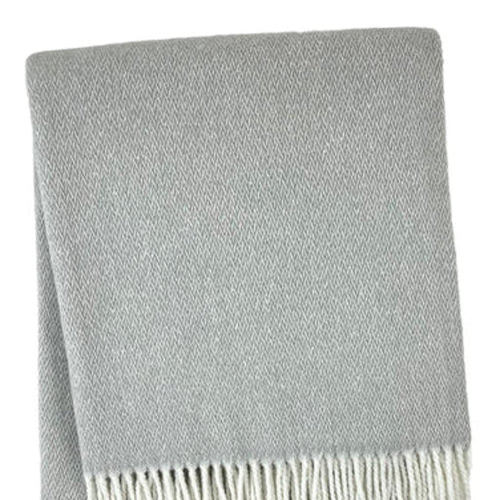 55" X 70" Light Gray And White Herringbone Cotton And Microfiber Woven Throw Blanket with Fringe