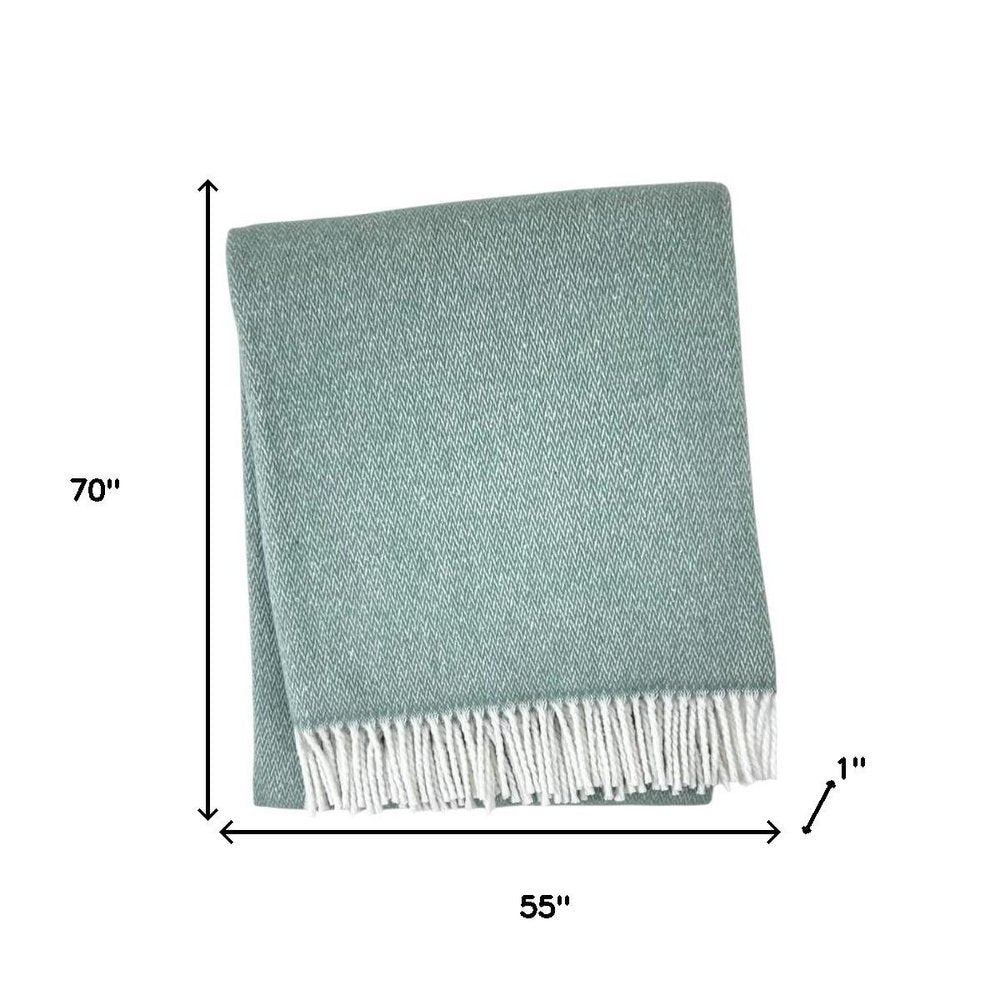 55" X 70" Sage And White Cotton Blend Woven Herringbone Plush Throw Blanket with Fringe