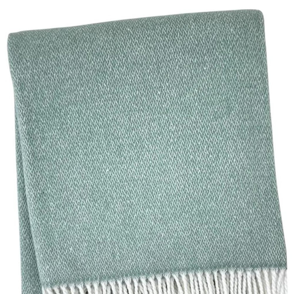 55" X 70" Sage And White Cotton Blend Woven Herringbone Plush Throw Blanket with Fringe