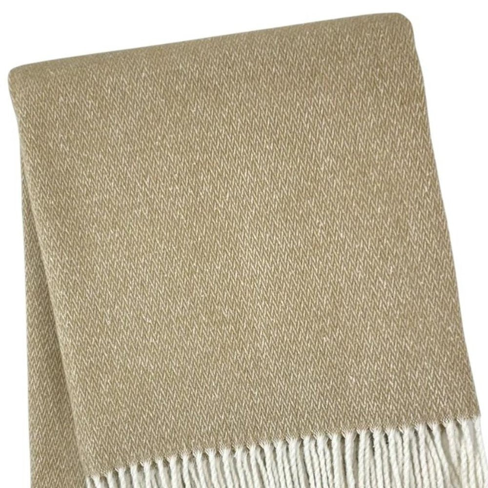 55" X 70" Stone And White Cotton Blend Woven Herringbone Plush Throw Blanket with Fringe