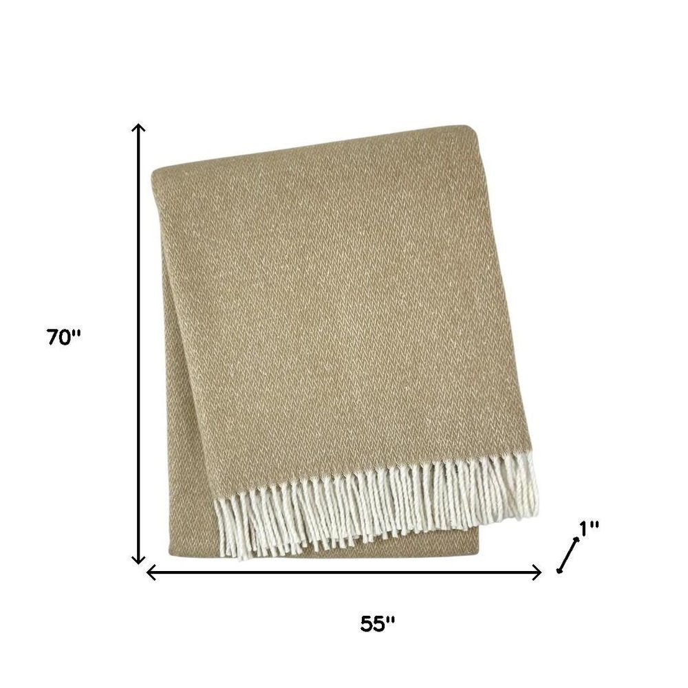 55" X 70" Stone And White Cotton Blend Woven Herringbone Plush Throw Blanket with Fringe
