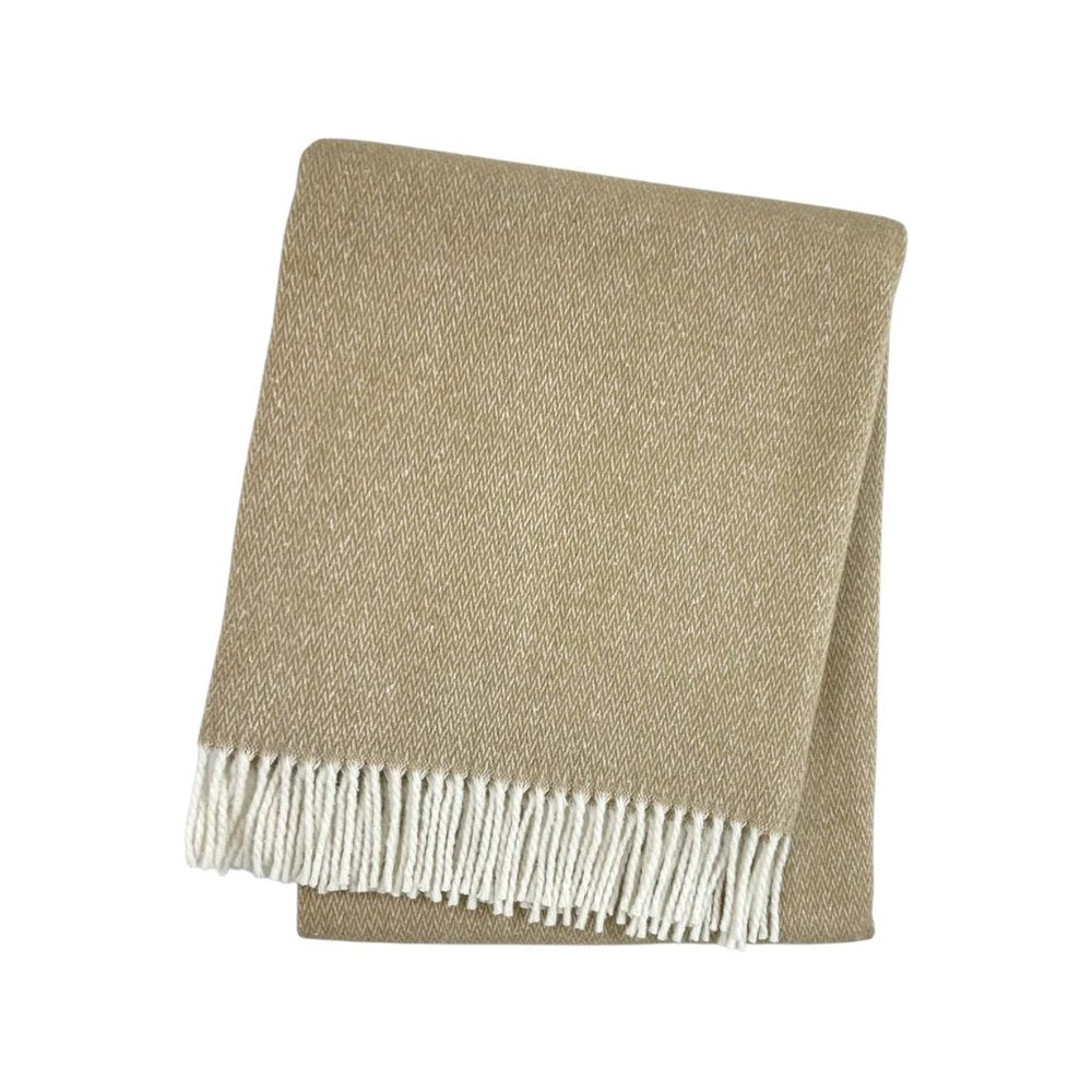 55" X 70" Stone And White Cotton Blend Woven Herringbone Plush Throw Blanket with Fringe
