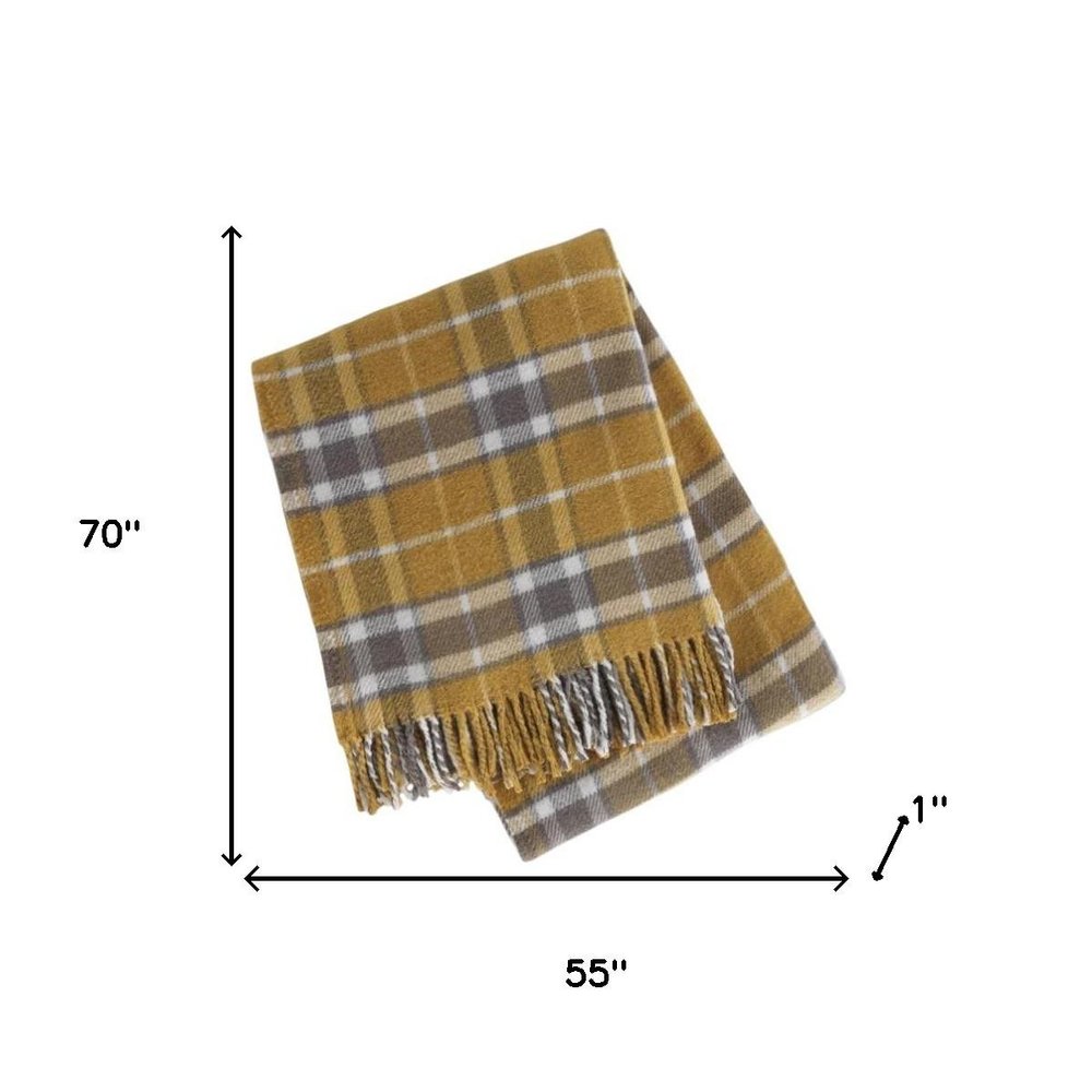 55" X 70" Gold And Brown Cotton Blend Woven Plaid Plush Throw Blanket with Fringe