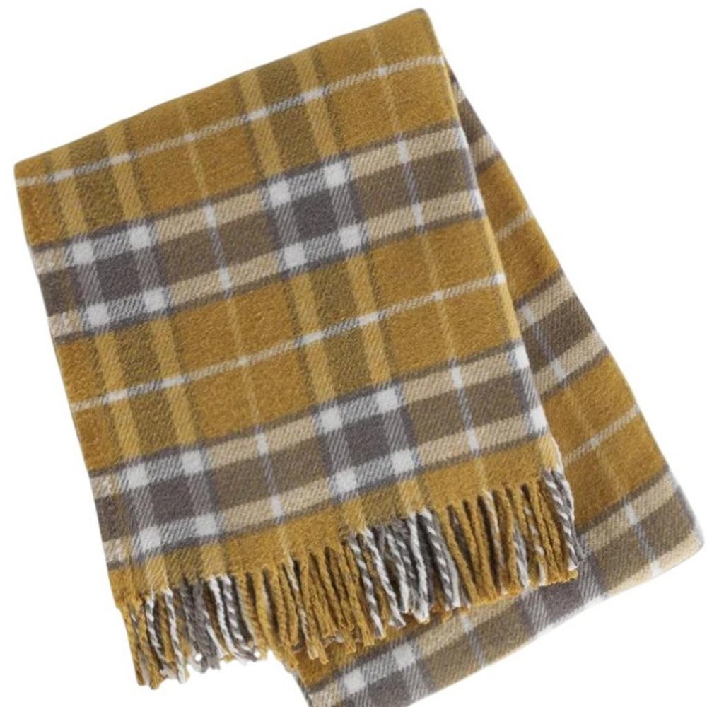 55" X 70" Gold And Brown Cotton Blend Woven Plaid Plush Throw Blanket with Fringe