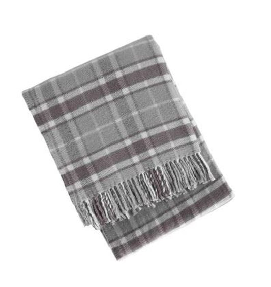 55" X 70" Light Gray And Brown Cotton Blend Woven Plaid Plush Throw Blanket with Fringe