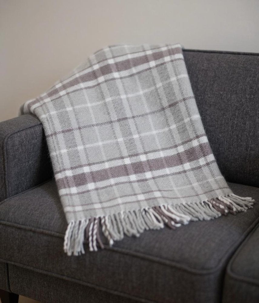 55" X 70" Light Gray And Brown Cotton Blend Woven Plaid Plush Throw Blanket with Fringe