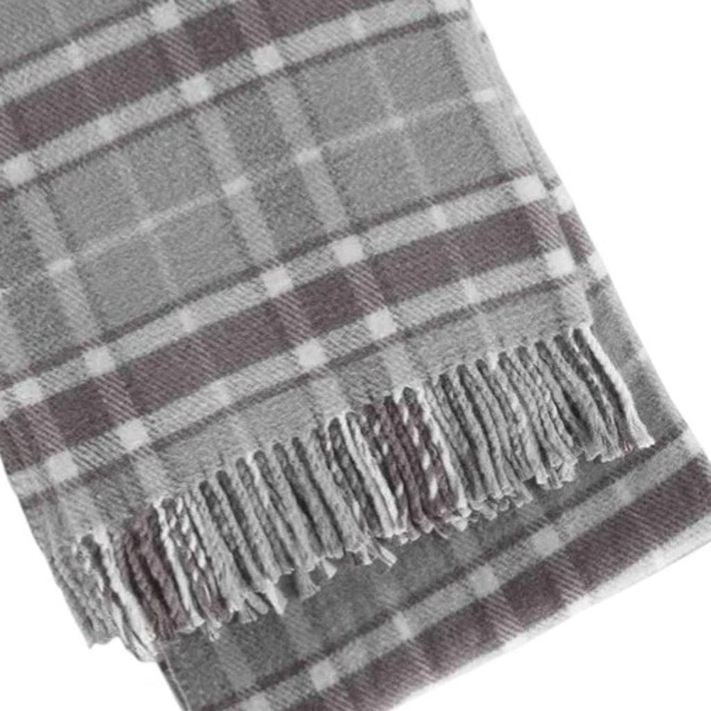 55" X 70" Light Gray And Brown Cotton Blend Woven Plaid Plush Throw Blanket with Fringe