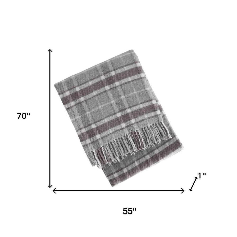 55" X 70" Light Gray And Brown Cotton Blend Woven Plaid Plush Throw Blanket with Fringe