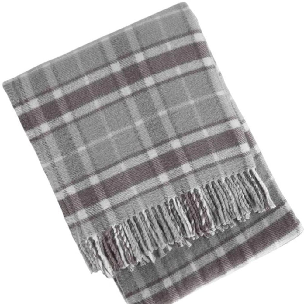 55" X 70" Light Gray And Brown Cotton Blend Woven Plaid Plush Throw Blanket with Fringe