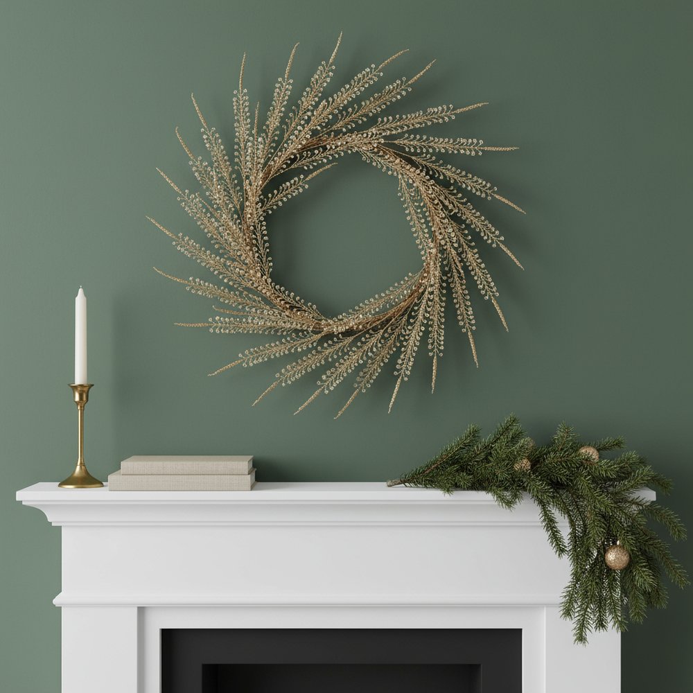 Set of Two Gold And Clear Faux Crystal Beaded Linear Fern Wreath Sprays