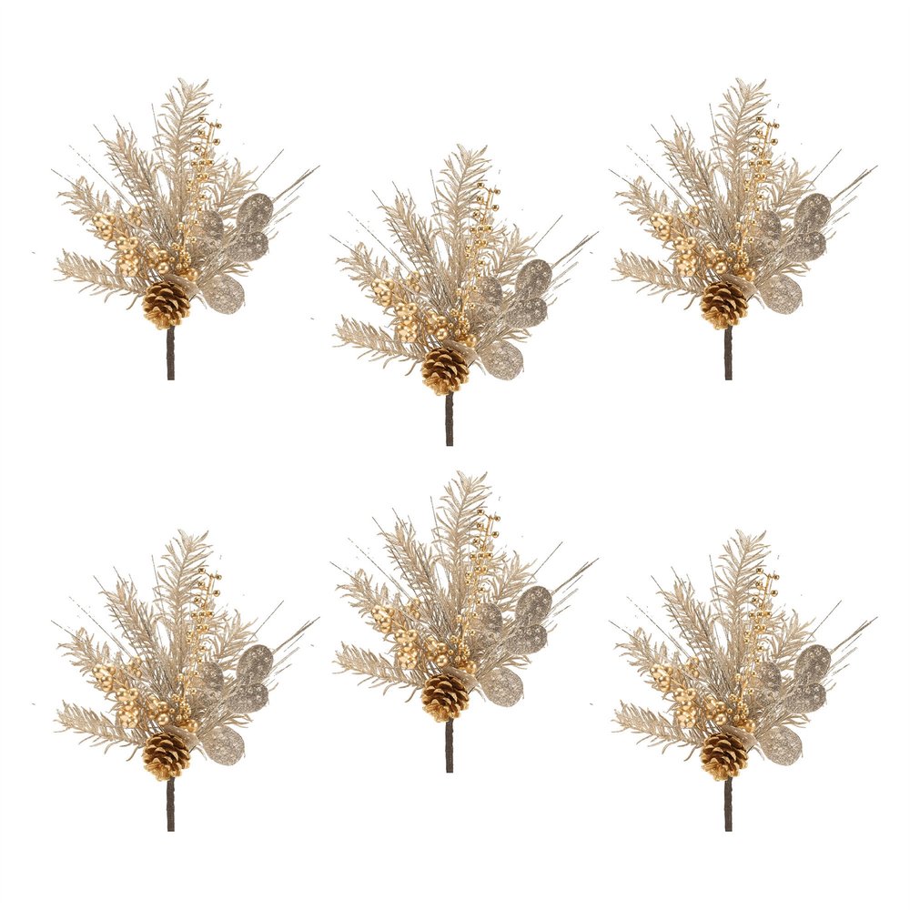 Set of Six 13" Silver Gold And Champagne Artificial Pine