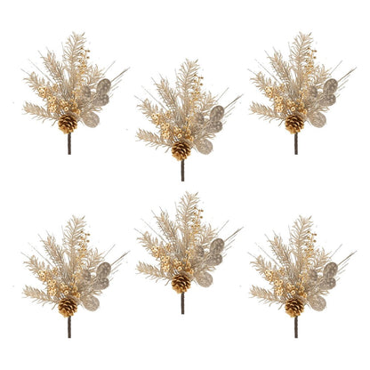 Set of Six 13" Silver Gold And Champagne Artificial Pine