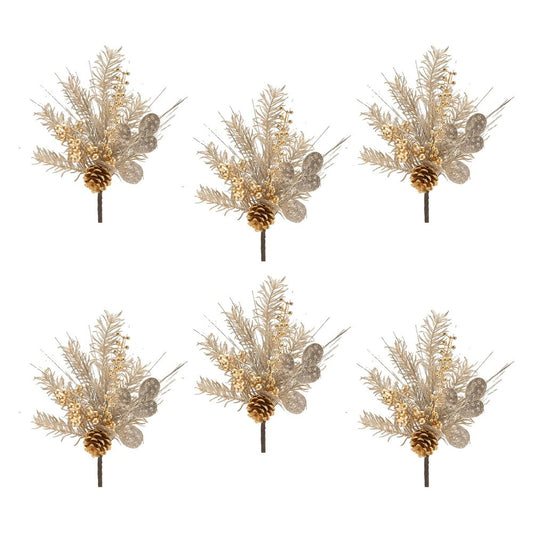 Set of Six 13" Silver Gold And Champagne Artificial Pine