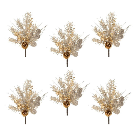 Set of Six 13" Silver Gold And Champagne Artificial Pine