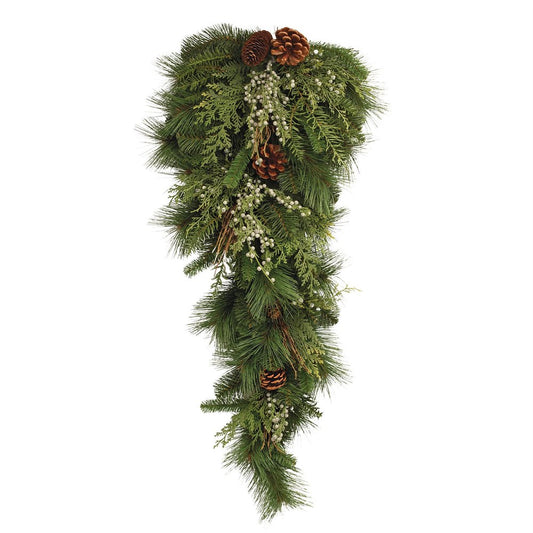 17" Brown And Green Winter Linear Juniper And Pinecone Wreath Wall Swag