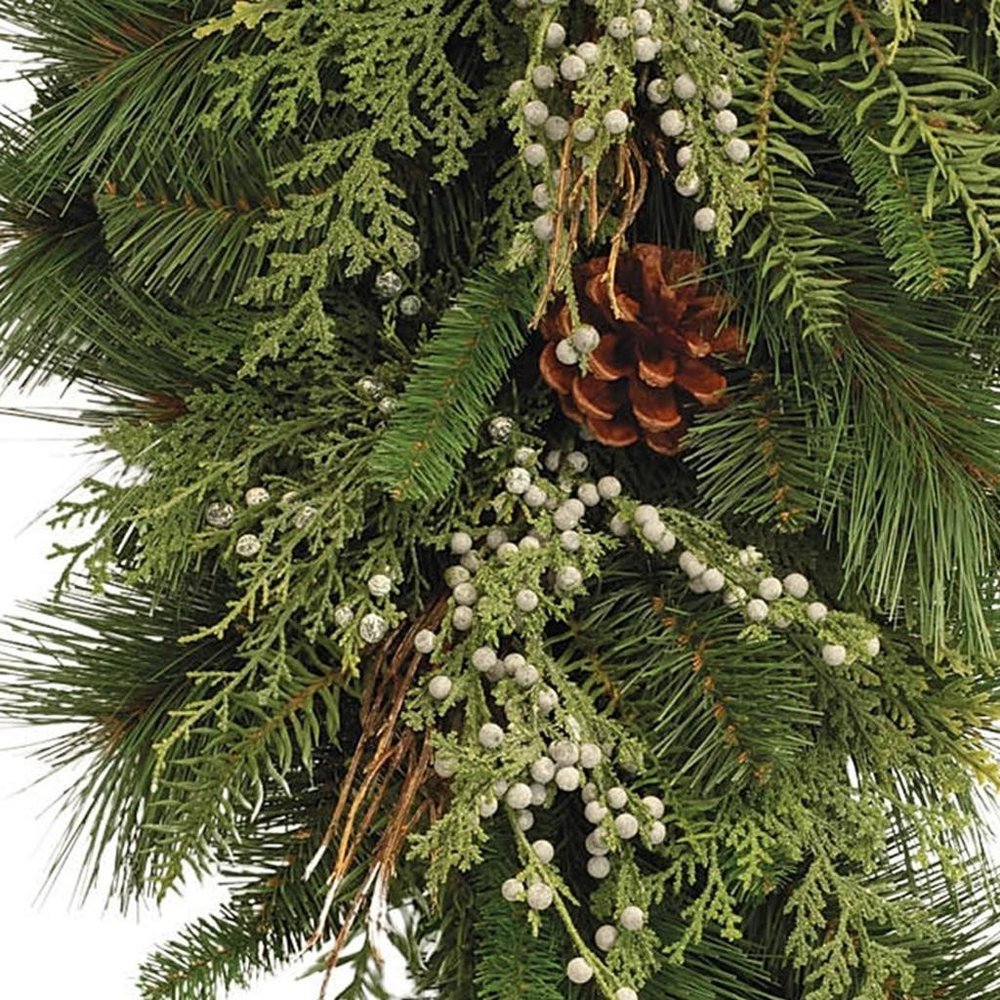 17" Brown And Green Winter Linear Juniper And Pinecone Wreath Wall Swag
