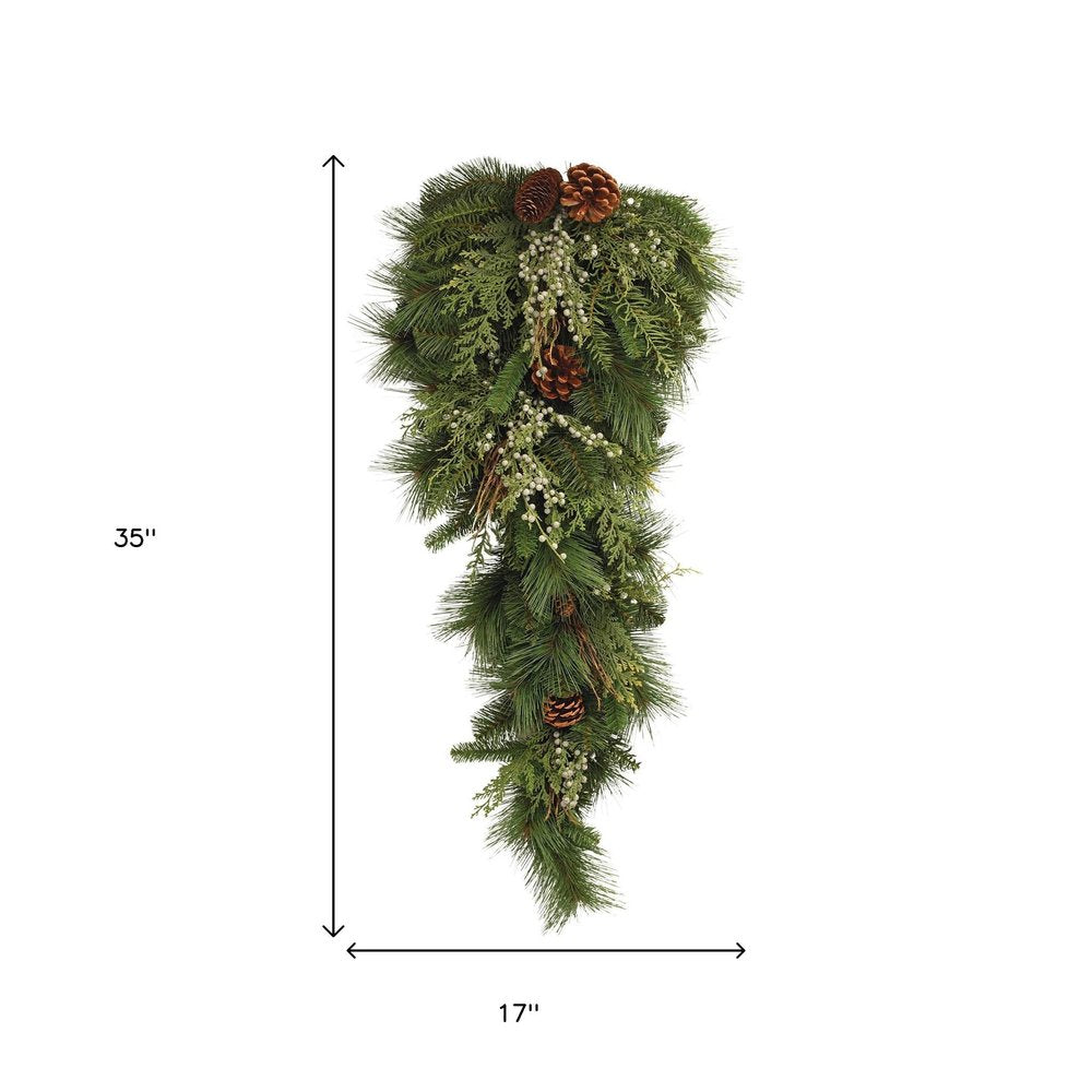 17" Brown And Green Winter Linear Juniper And Pinecone Wreath Wall Swag