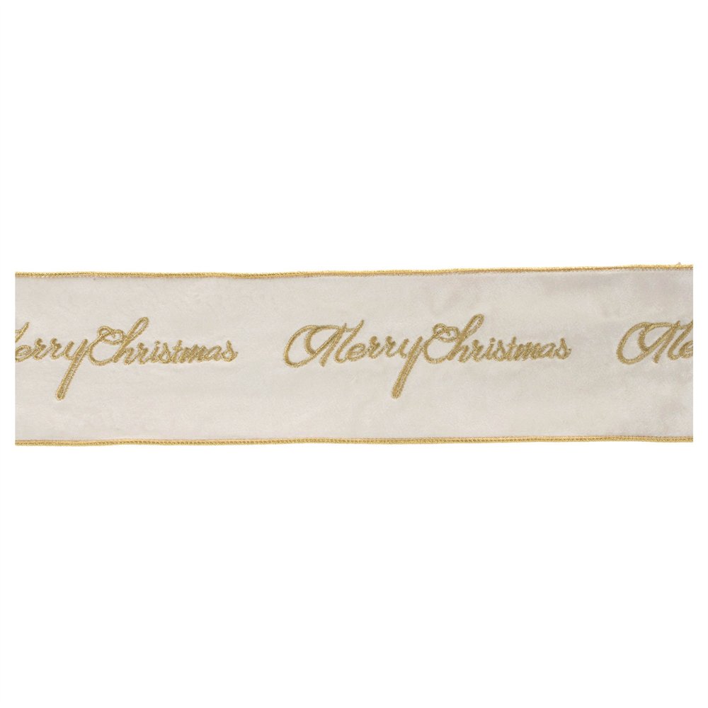 4" White And Gold Embroidered Merry Christmas Wired Ribbon