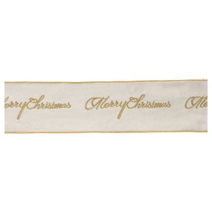 4" White And Gold Embroidered Merry Christmas Wired Ribbon