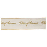 4" White And Gold Embroidered Merry Christmas Wired Ribbon