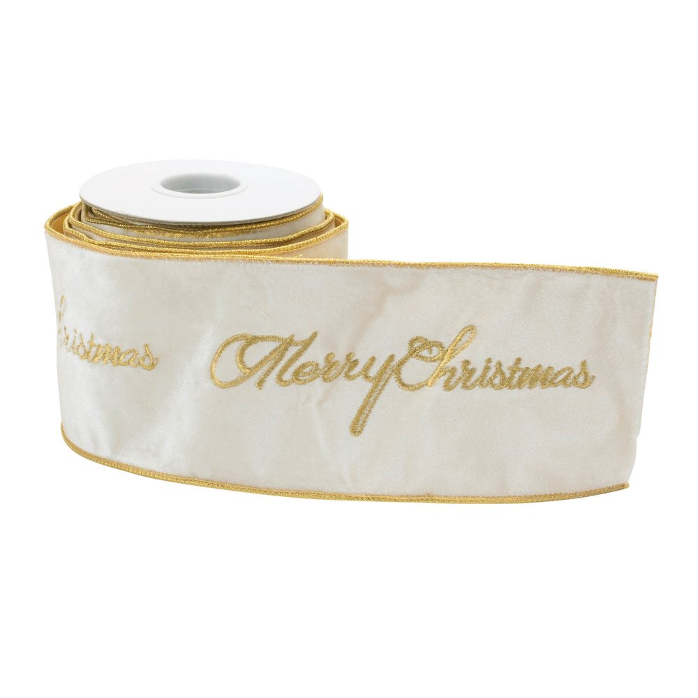 4" White And Gold Embroidered Merry Christmas Wired Ribbon