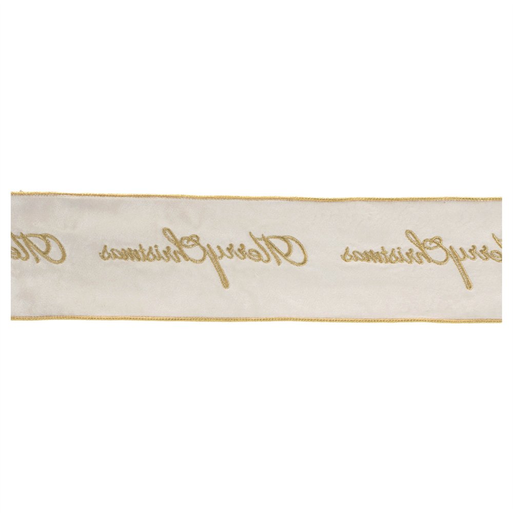 4" White And Gold Embroidered Merry Christmas Wired Ribbon