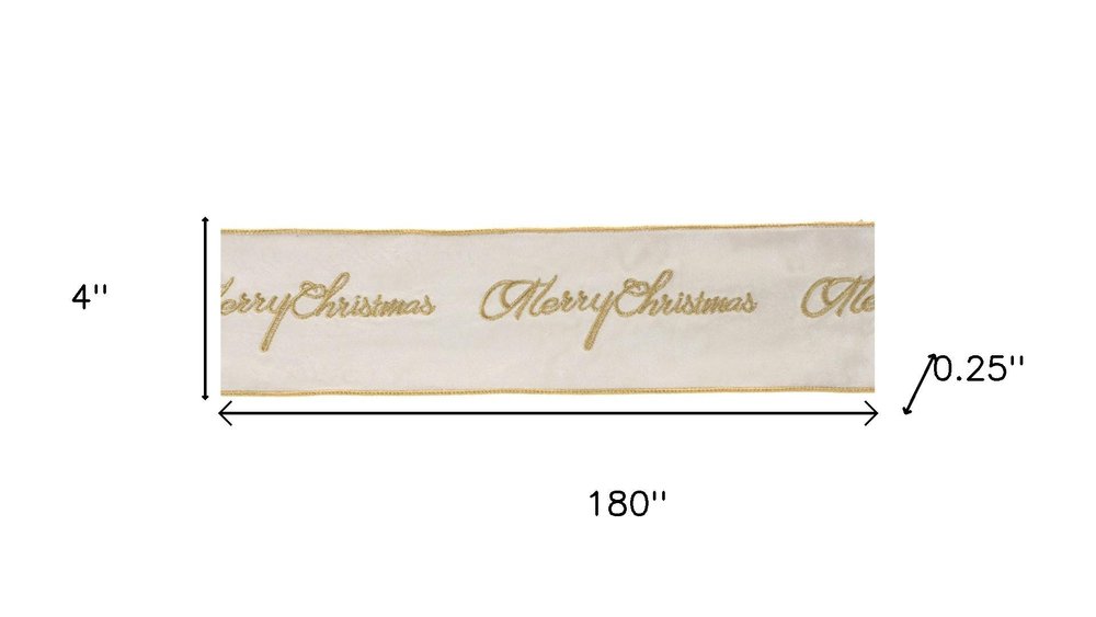 4" White And Gold Embroidered Merry Christmas Wired Ribbon