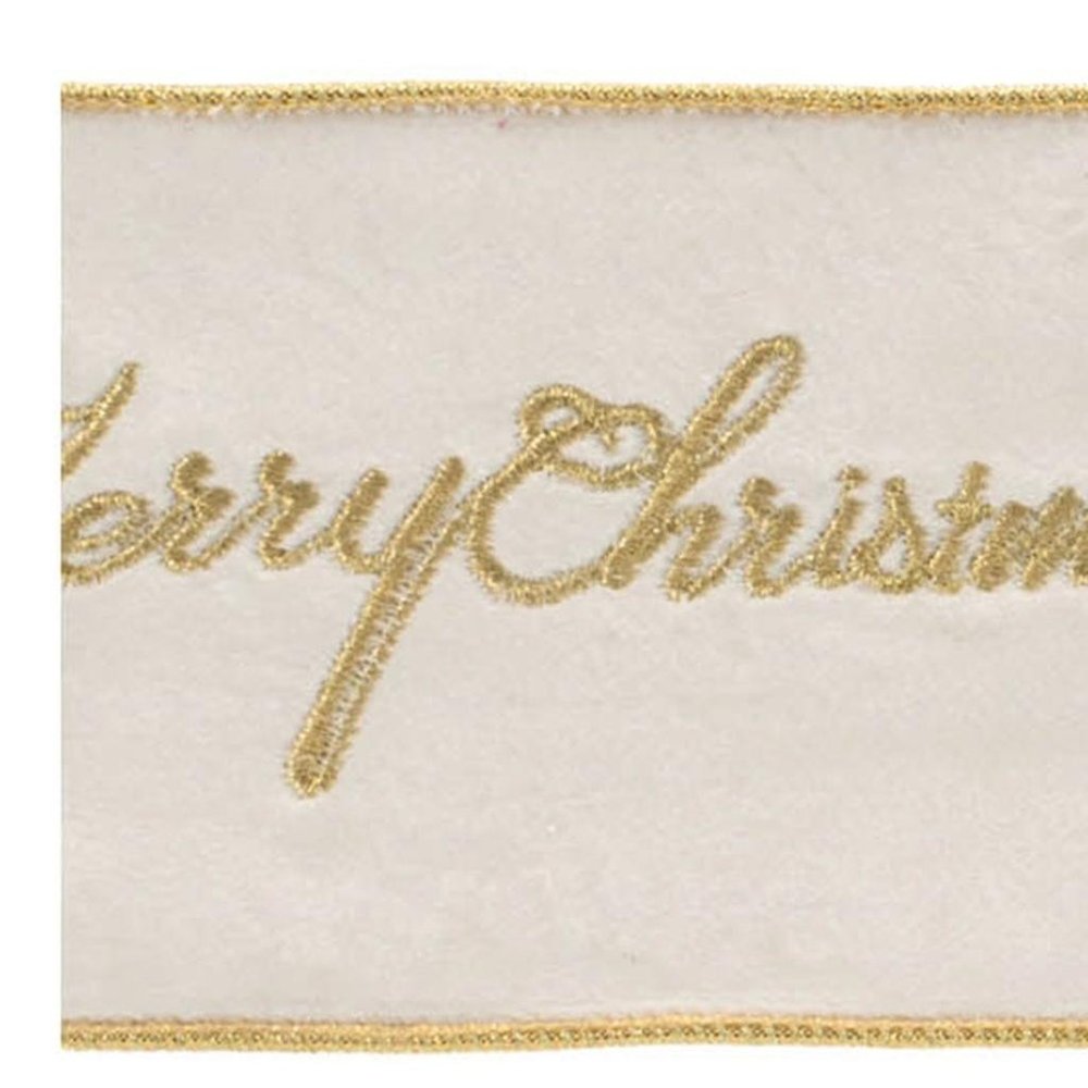 4" White And Gold Embroidered Merry Christmas Wired Ribbon