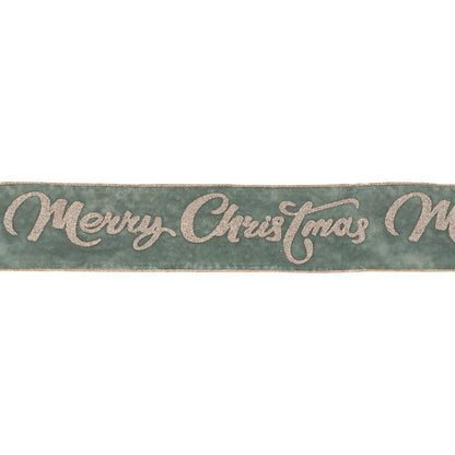 4" Green And Gold Glittered Merry Christmas Wired Ribbon