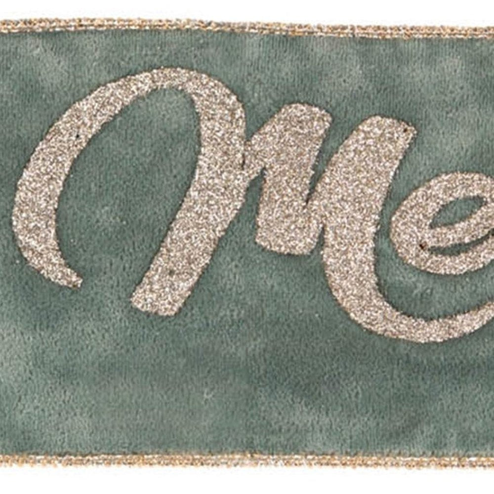 4" Green And Gold Glittered Merry Christmas Wired Ribbon