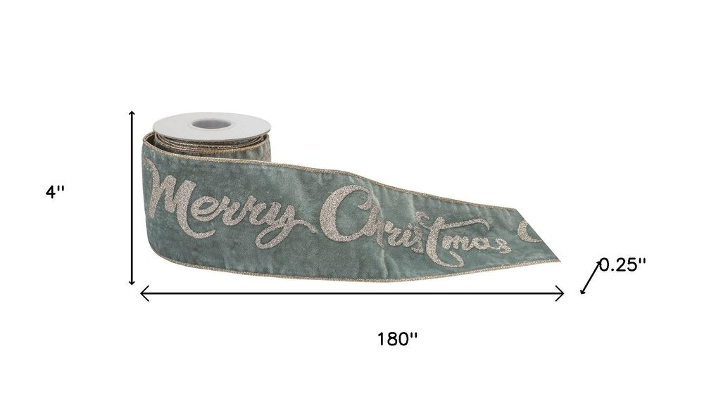 4" Green And Gold Glittered Merry Christmas Wired Ribbon