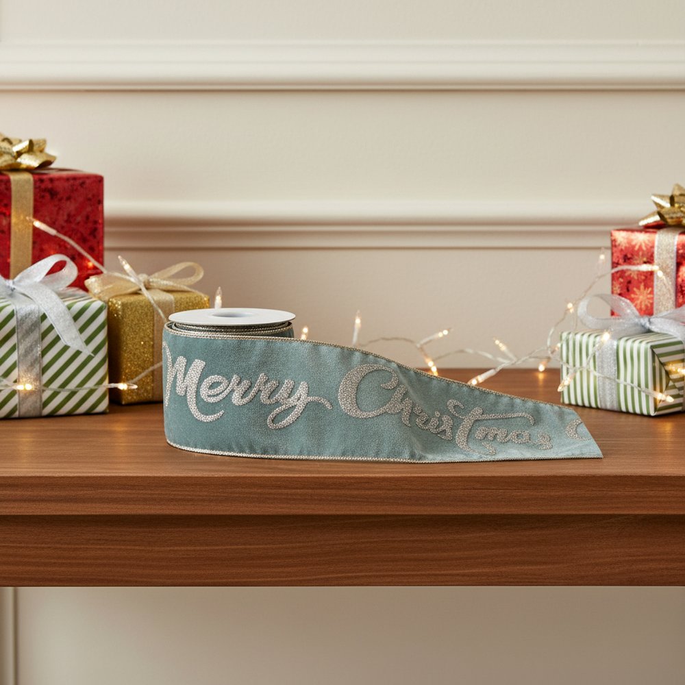 4" Green And Gold Glittered Merry Christmas Wired Ribbon