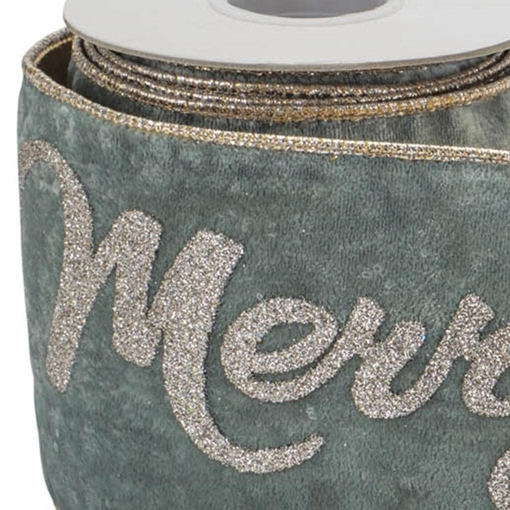 4" Green And Gold Glittered Merry Christmas Wired Ribbon
