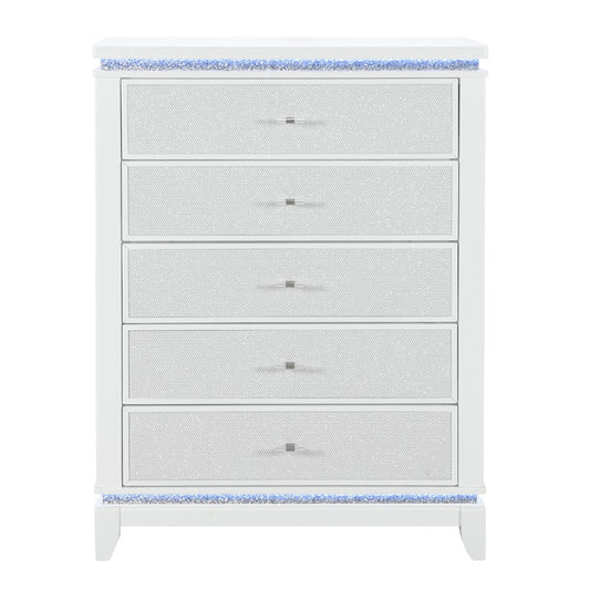 36" White Faux Crystal Glitter Wood Lighted Five Drawer Dresser