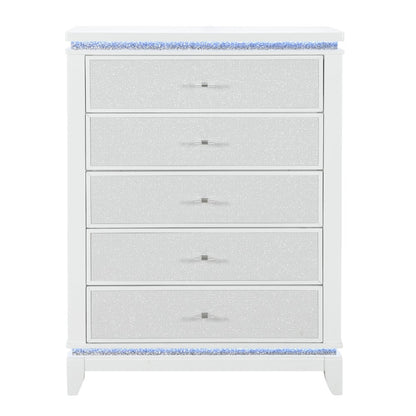 36" White Faux Crystal Glitter Wood Lighted Five Drawer Dresser