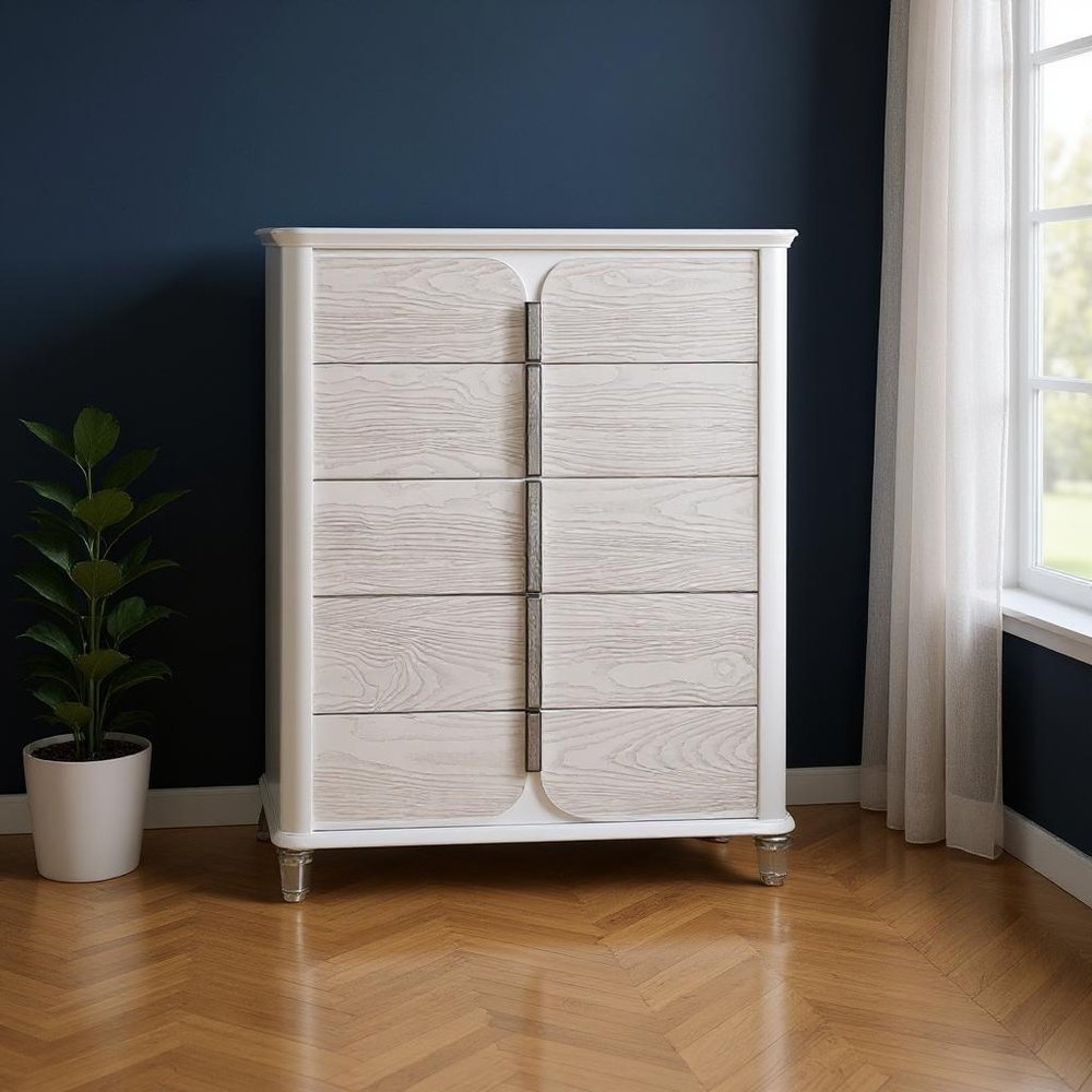 38" Gray And White Wood Five Drawer Dresser