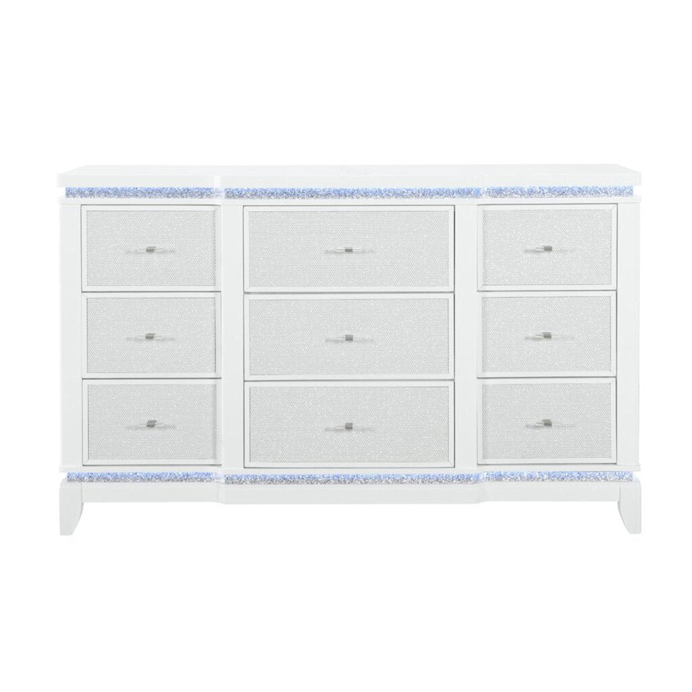 62" White Faux Crystal Glitter Wood Lighted Nine Drawer Triple Dresser