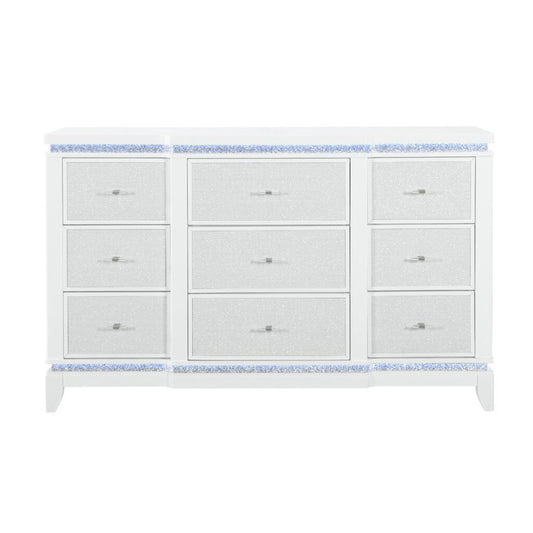 62" White Faux Crystal Glitter Wood Lighted Nine Drawer Triple Dresser
