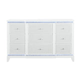 62" White Faux Crystal Glitter Wood Lighted Nine Drawer Triple Dresser