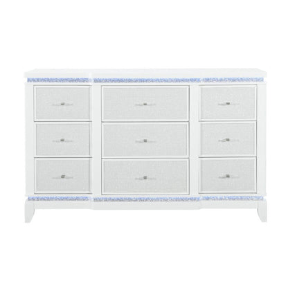 62" White Faux Crystal Glitter Wood Lighted Nine Drawer Triple Dresser