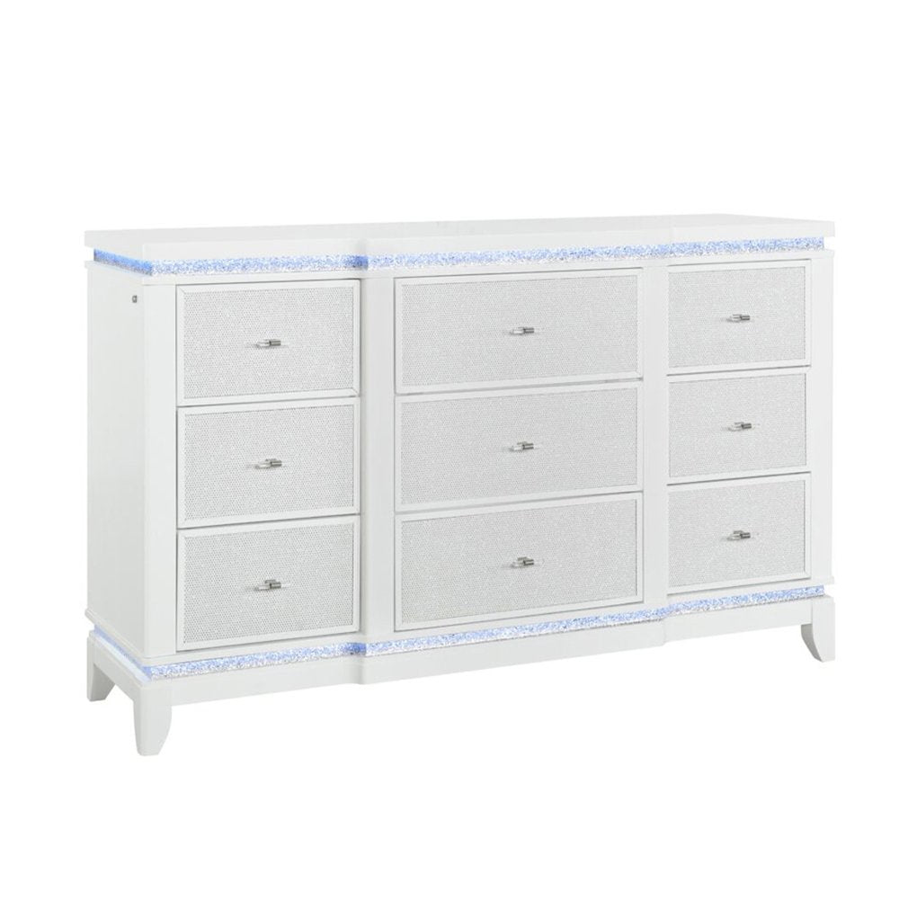 62" White Faux Crystal Glitter Wood Lighted Nine Drawer Triple Dresser