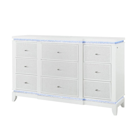62" White Faux Crystal Glitter Wood Lighted Nine Drawer Triple Dresser