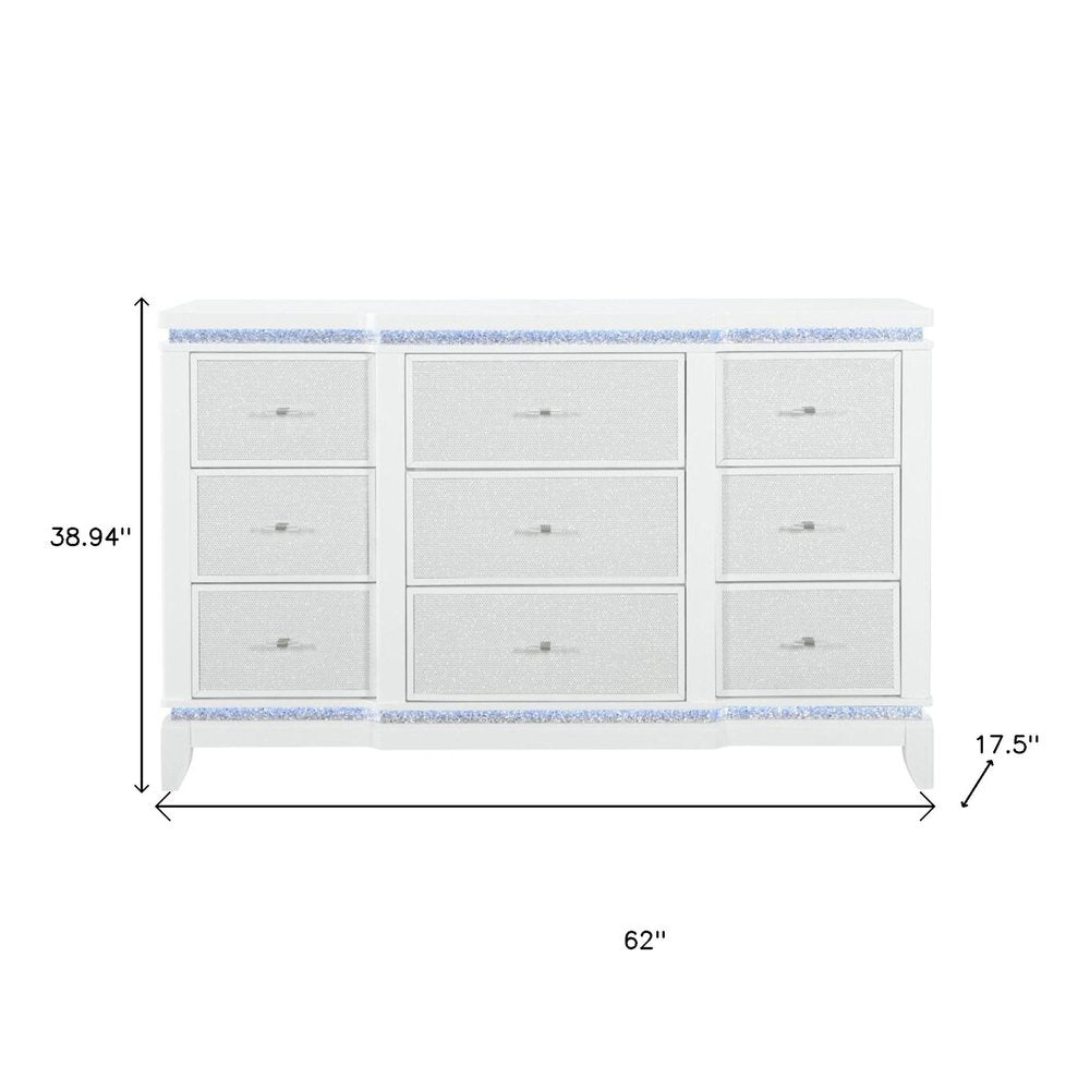 62" White Faux Crystal Glitter Wood Lighted Nine Drawer Triple Dresser