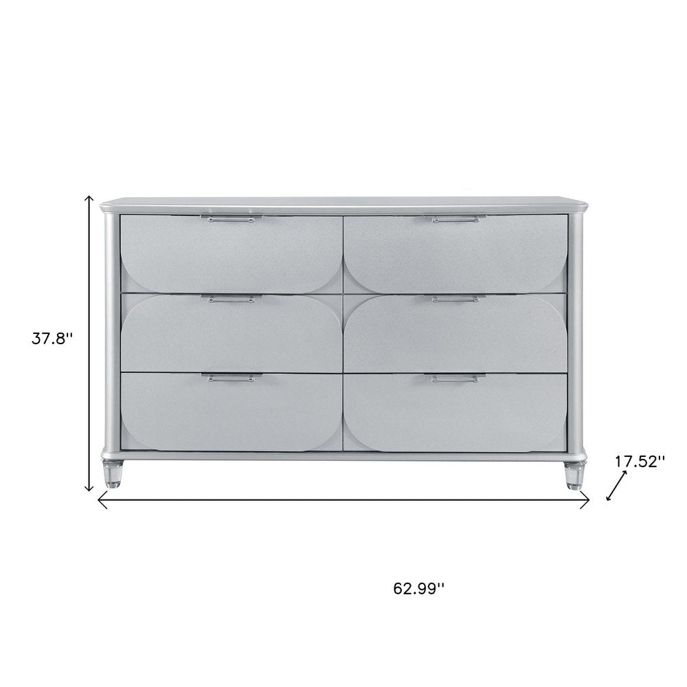 63" Silver Wood Six Drawer Double Dresser
