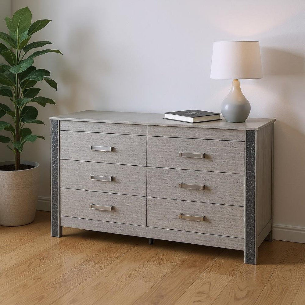 62" Silver Wood Six Drawer Double Dresser
