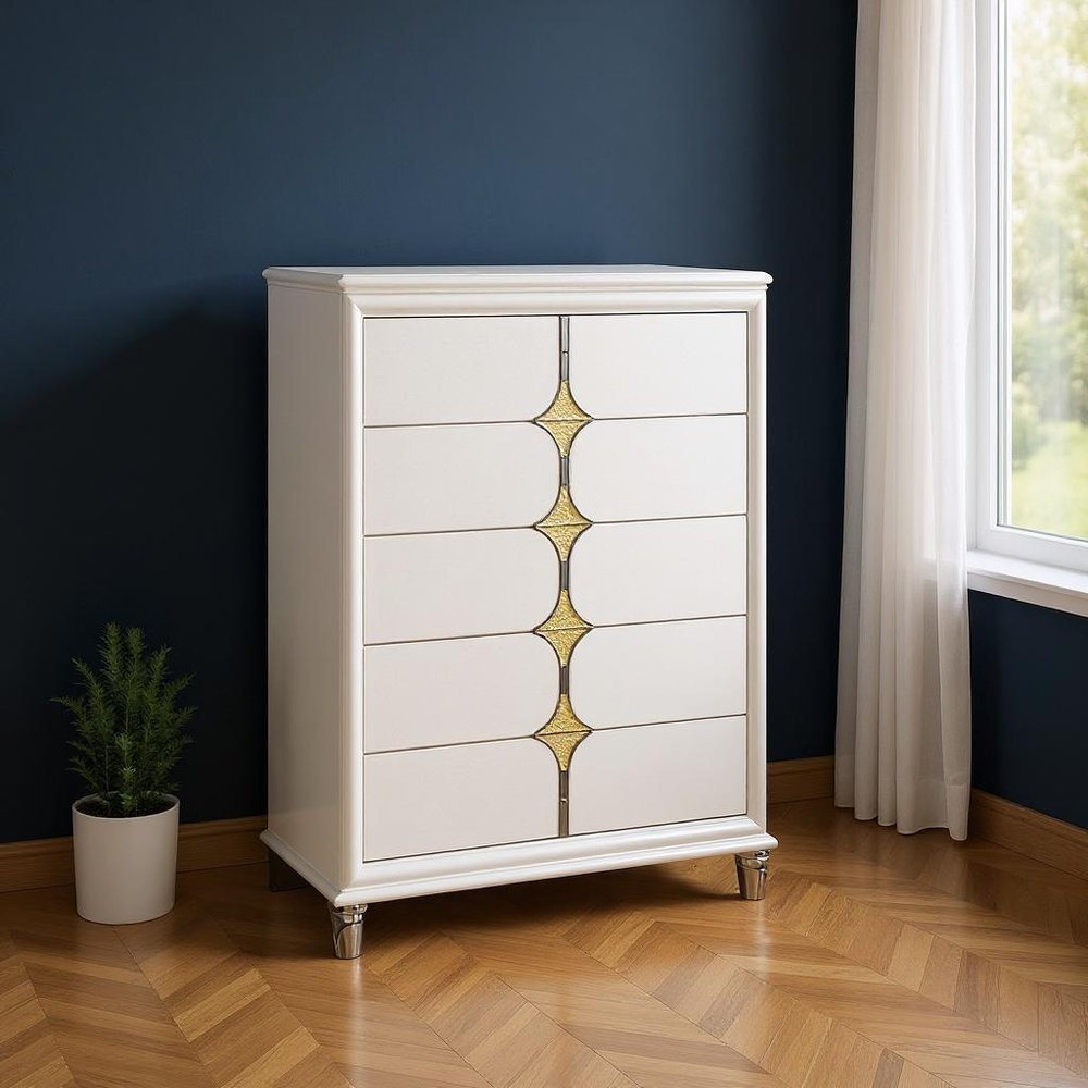 37" White Wood With Gold Faux Crystal Bling Wood Five Drawer Dresser