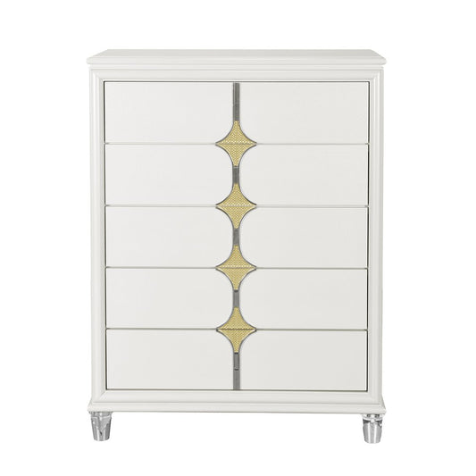 37" White Wood With Gold Faux Crystal Bling Wood Five Drawer Dresser